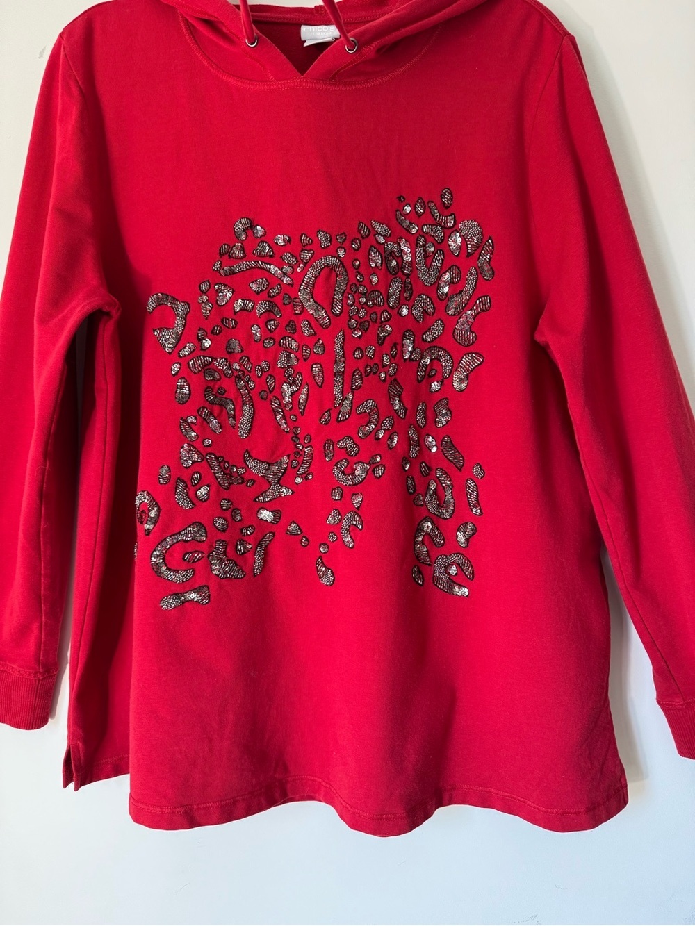 Chico's Zenergy Red Hooded Sweatshirt animal print sequin front design - Picture 2 of 8
